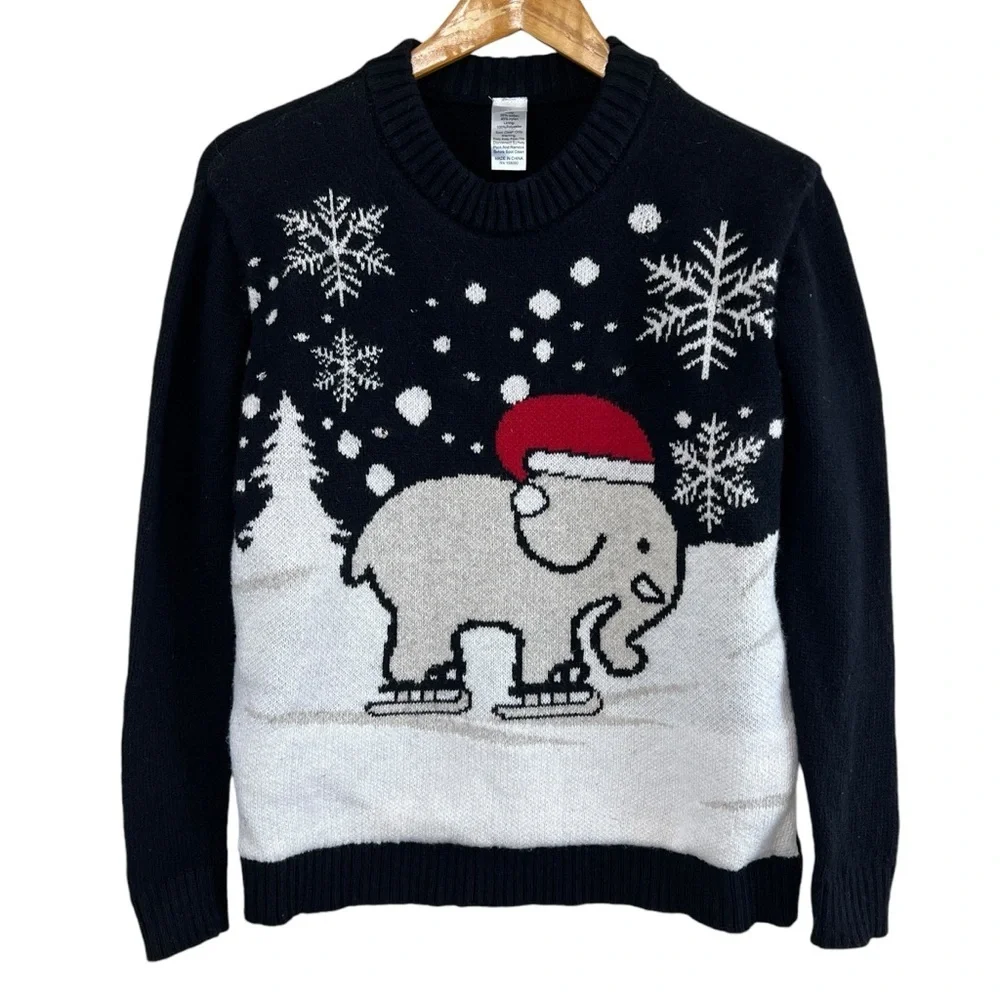 Ivory Ella Black Elephant Christmas Sweater Size Small - Picture 1 of 3